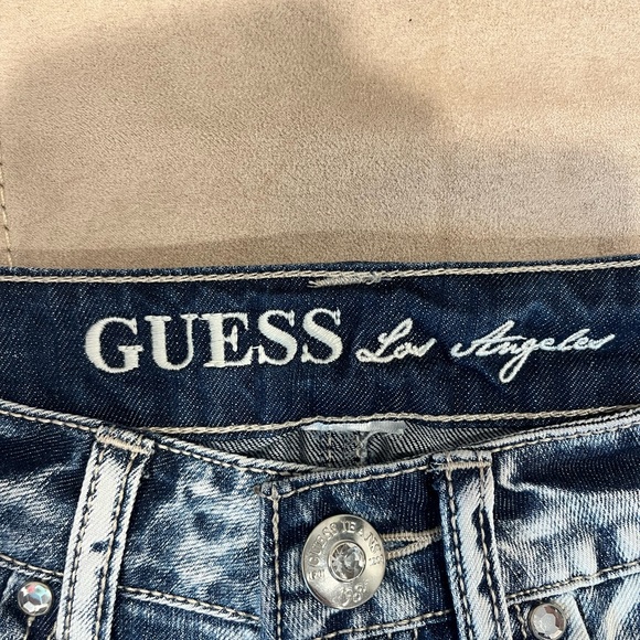 GUESS Mini Denim Skirt Sz Small Distressed Sequins - Picture 2 of 5